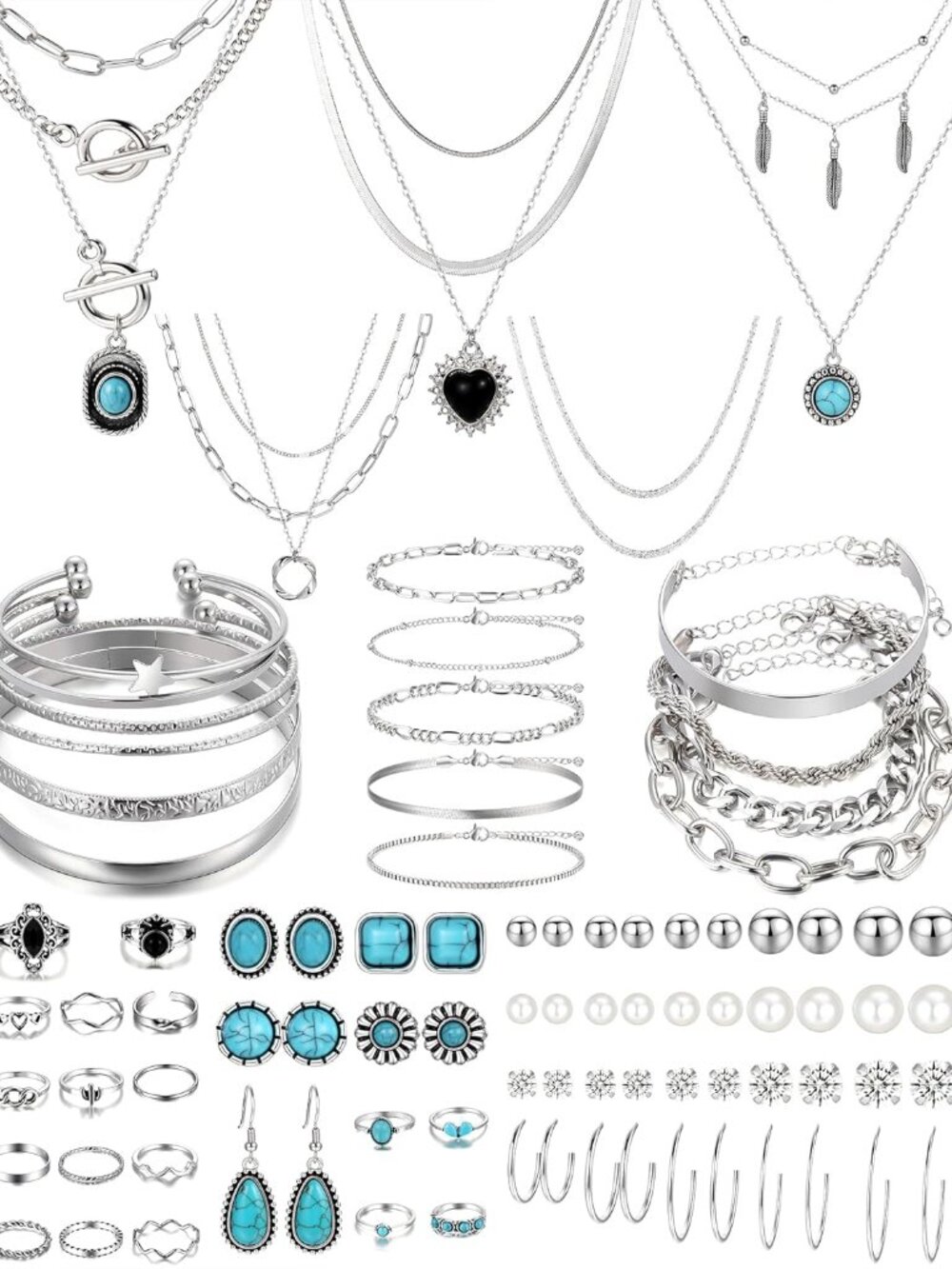 73PCS Silver Plated Turquoise Jewelry Set for Women, Boho Southwestern Layered N